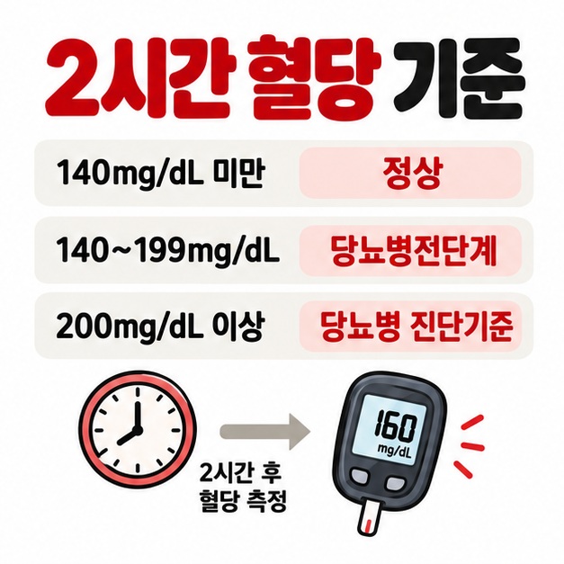 포도당부하검사 2시간 혈당 140 미만 정상, 140부터 199 전단계, 200 이상 진단기준을 보여주는 카드