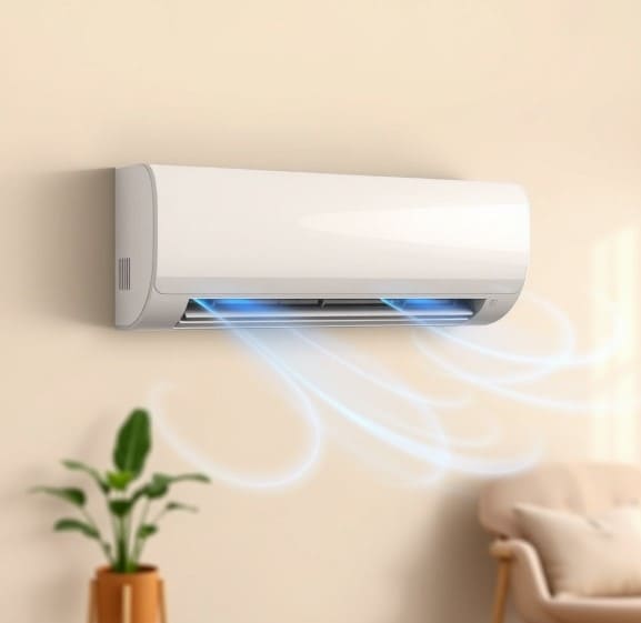 하얀색 에어컨에서 바람이 나오는 연출 이미지입니다.