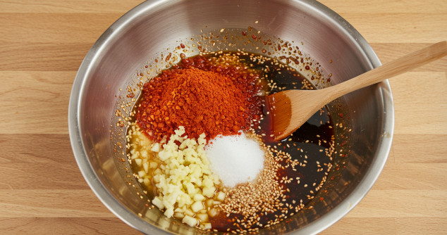 고추장, 고춧가루, 식초, 설탕 등 비빔 양념 재료들이 담겨 있다.