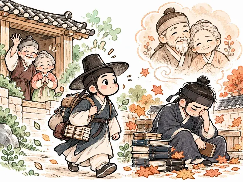 Kawaii-style illustration of Gao Yu leaving his elderly parents to pursue his studies, contrasted with his later grief and regret over losing the chance to fulfill his filial duties, depicting the Korean idiom Pungsujitan.
