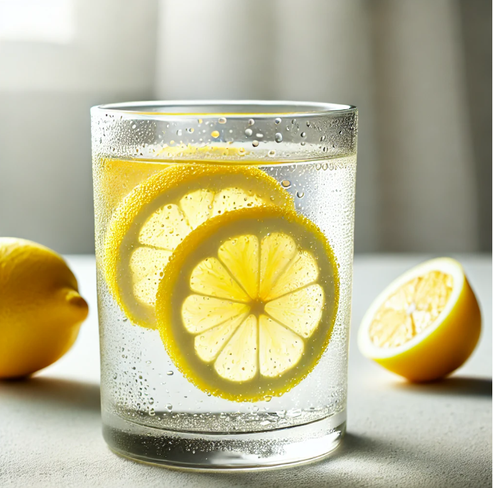 유리잔에 담겨있는 레몬워터