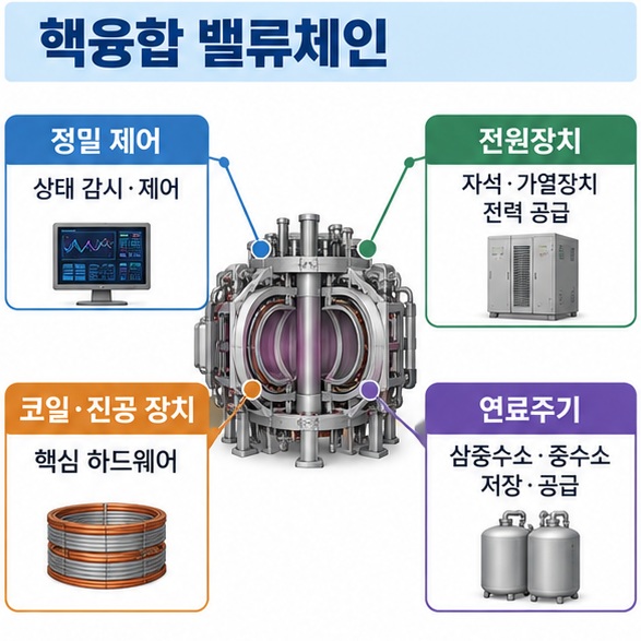 핵융합 밸류체인을 정밀 제어 전원장치 코일 진공 장치 연료주기로 나누어 설명한 인포그래픽
