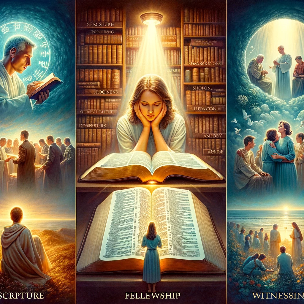 말씀을 공부하고, 기도하며 교제하며 떡을 떼고 증인으로서의 삶을 살아가는 모습 - Here is the image that represents a life dedicated to following and witnessing Jesus Christ and the Bible, highlighting the elements of scripture, prayer, fellowship, and witnessing. If there's anything else you'd like to adjust or add, please feel free to tell me! 말씀을 공부하고, 기도하며 교제하며 떡을 떼고 증인으로서의 삶을 살아가는 모습 - Here is the image that represents a life dedicated to following and witnessing Jesus Christ and the Bible, highlighting the elements of scripture, prayer, fellowship, and witnessing. If there's anything else you'd like to adjust or add, please feel free to tell me!