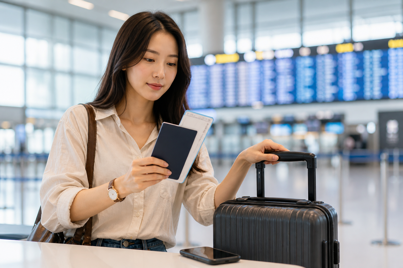 해외여행 출국 전 공항에서 여권과 탑승권을 확인하는 여행자