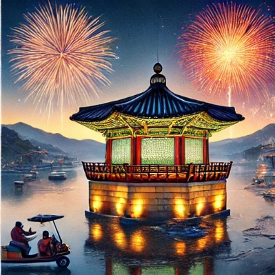 불꽃과 호수가운데에는 누각이 있는 모습