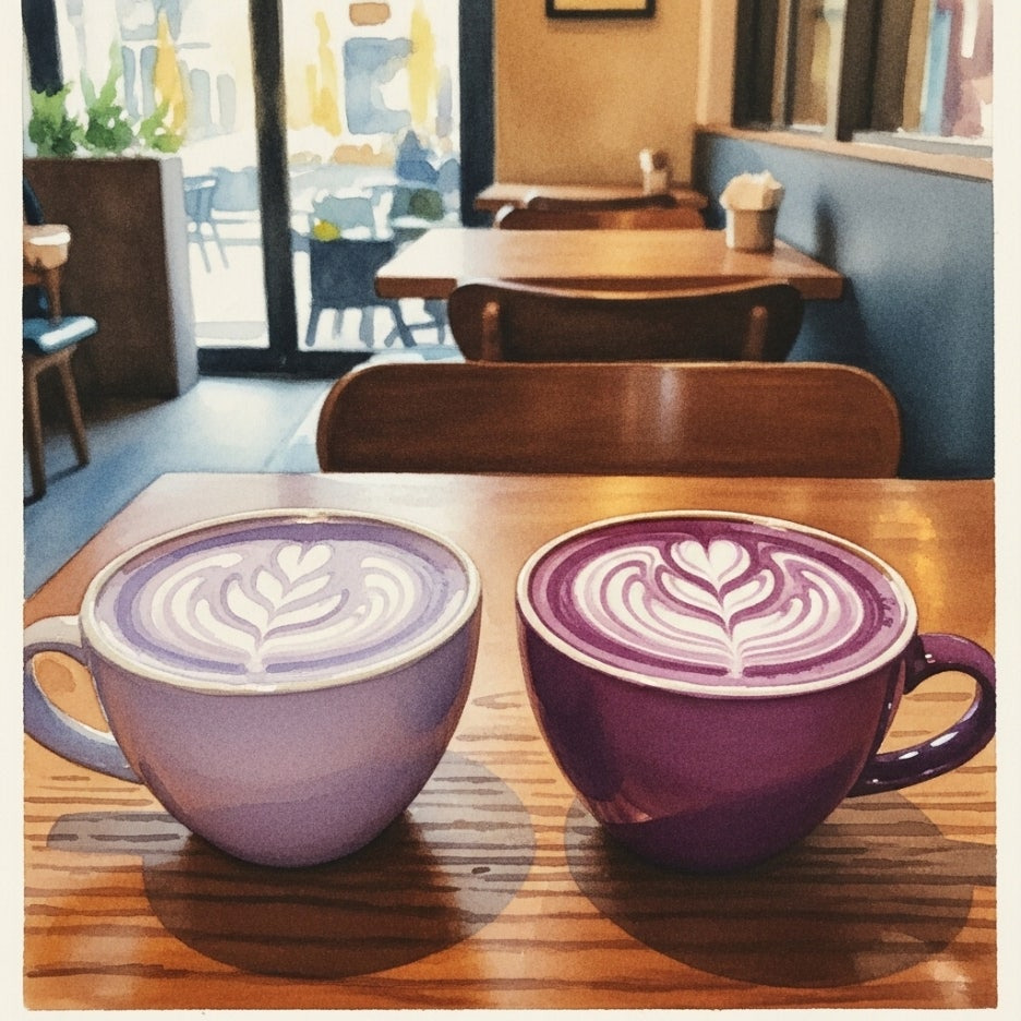 타로와 우베의 색 차이를 보여주는 음료들