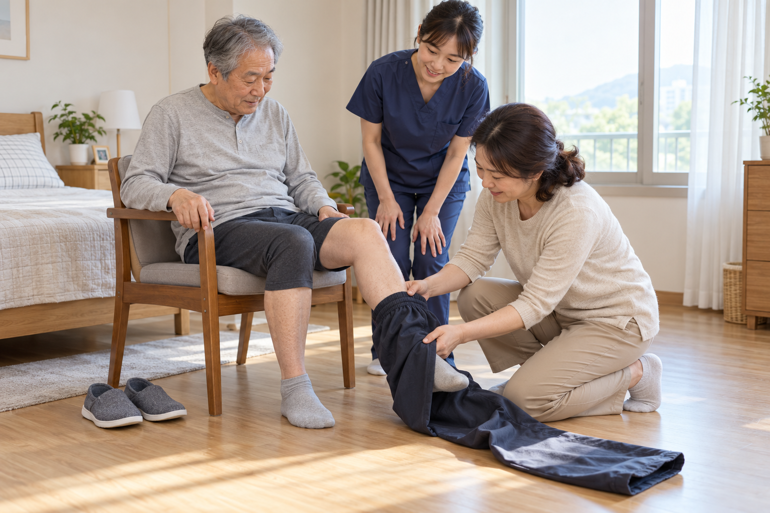 뇌졸중 환자가 앉은 자세에서 마비된 다리부터 바지에 넣는 모습
