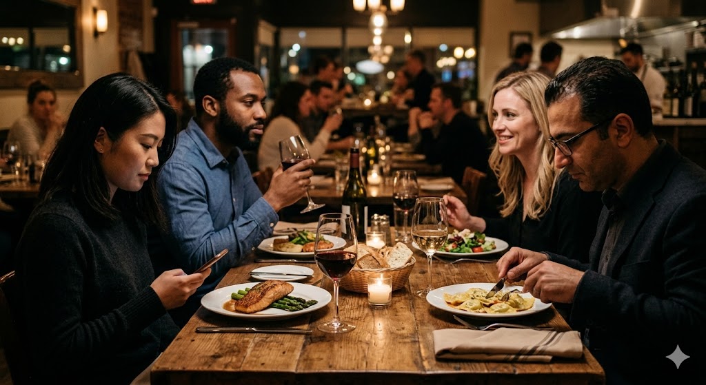 소셜 다이닝 테이블, 낯선 사람들이 앉아있지만 서로 시선이 엇갈리는 미묘한 긴장감의 장면