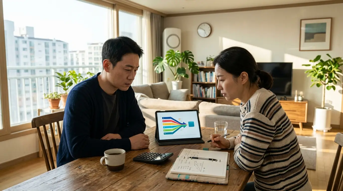 햇살이 들어오는 거실 식탁에서 부부가 태블릿 피시로 모바일 뱅킹 한도 조회 결과를 보며 상의하는 모습