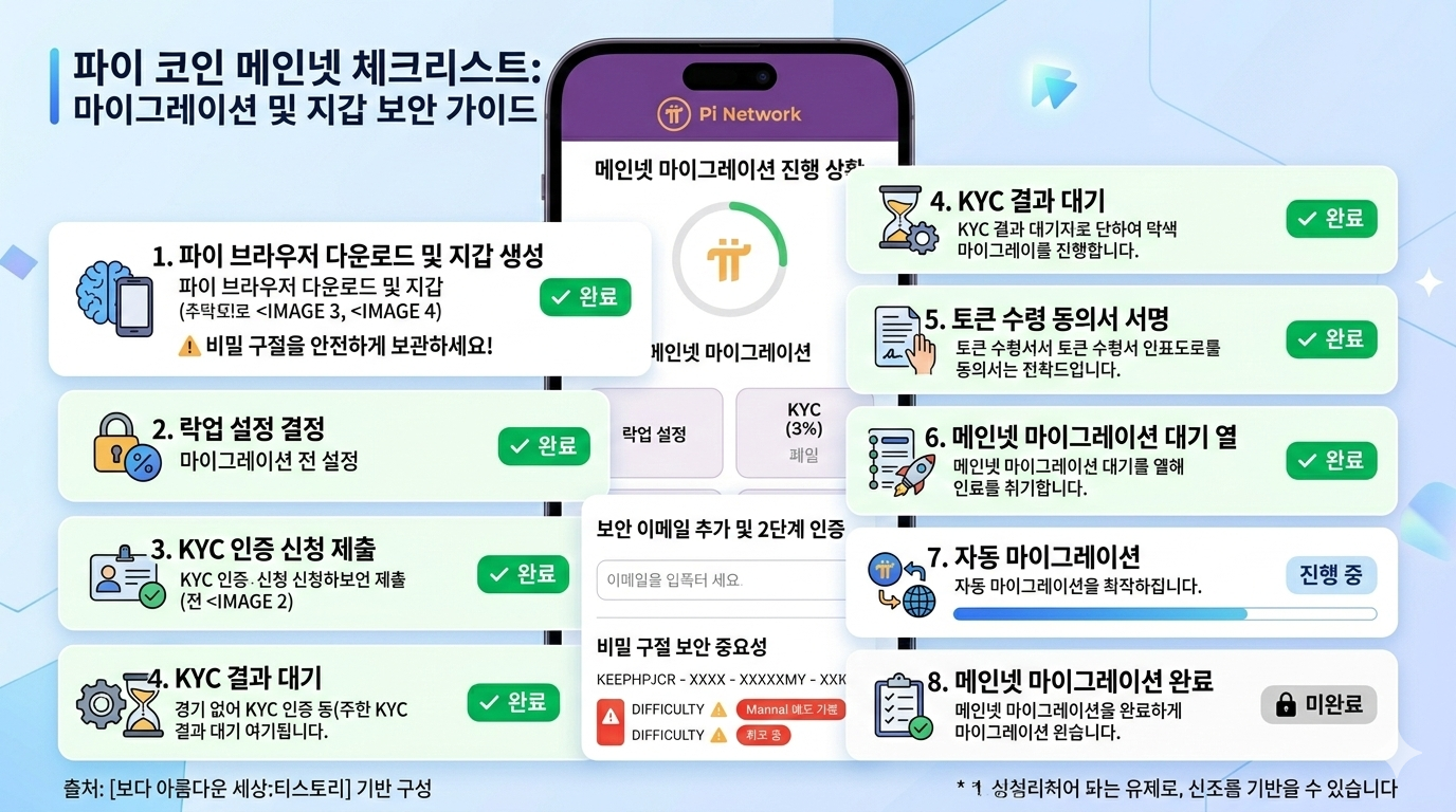 파이 메인넷 체크리스트 1~8단계 캡처 화면 또는 지갑 보안 관련 이미지