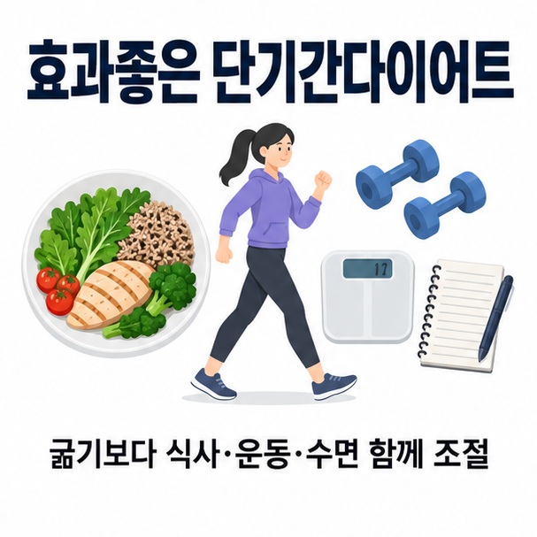 효과좋은 단기간다이어트라는 제목과 건강한 식사, 빠르게 걷기, 근력운동, 체중 기록을 함께 표현한 대표 이미지