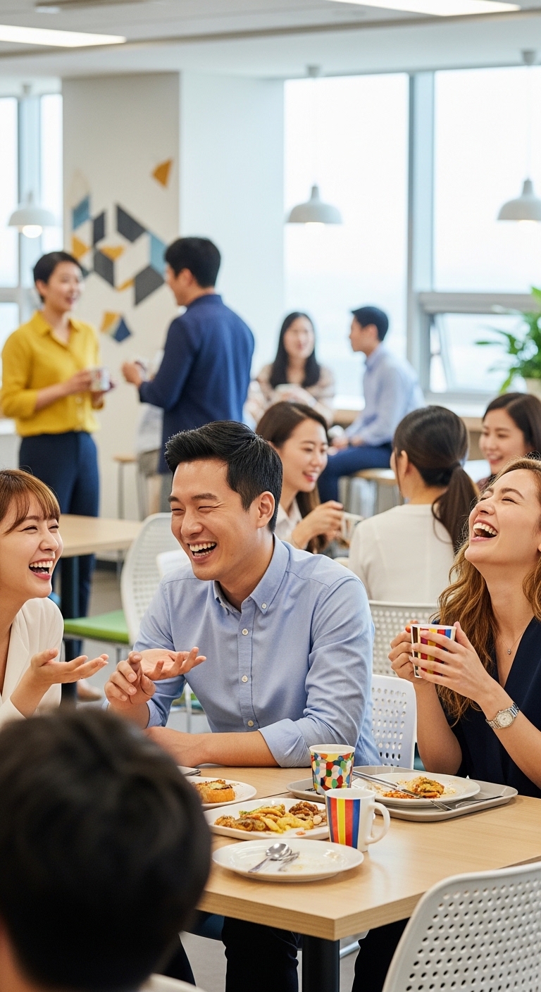 밝게 웃으며 대화하는 직장인들이 사내 식당이나 휴게 공간에 있는 모습