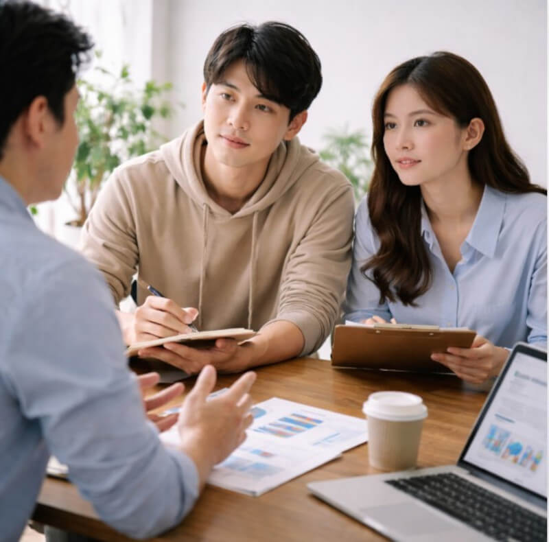 취업 상담을 받으며 컴퓨터 교육과 진로 방향을 고민하는 취업 준비생 모습