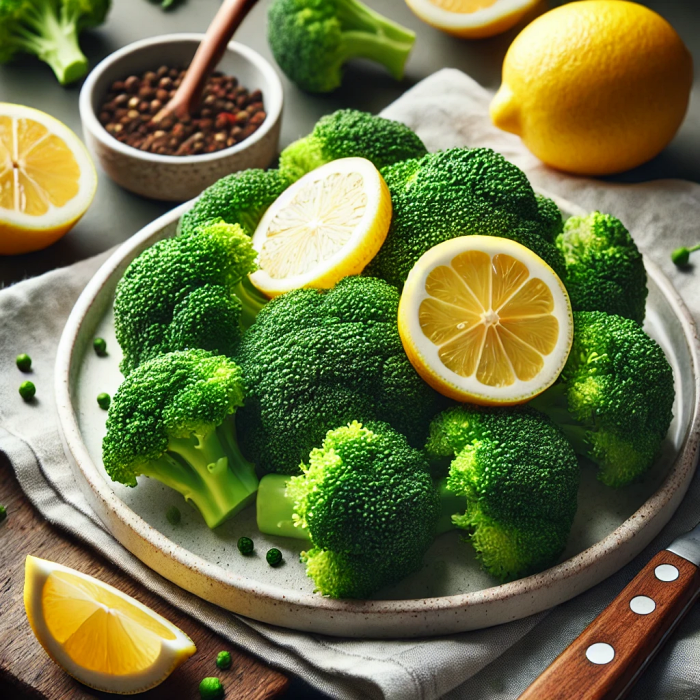 스팀된 브로콜리와 레몬 슬라이스가 놓인 모습의 이미지.
