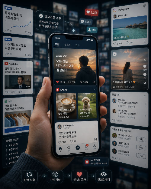 스마트폰 화면에 뉴스, SNS, 쇼츠 콘텐츠가 반복적으로 추천되는 모습. 알고리즘이 사용자의 기억과 판단에 영향을 미치는 과정을 표현한 이미지.