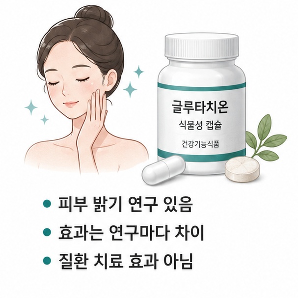 먹는 글루타치온의 피부 밝기 관련 연구가 있지만 효과를 단정하기 어렵다는 내용을 설명한 이미지