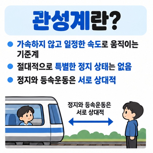 모든 관성계에서 물리 법칙이 같고 절대적으로 특별한 정지 상태가 없다는 상대성 원리를 설명한 카드뉴스
