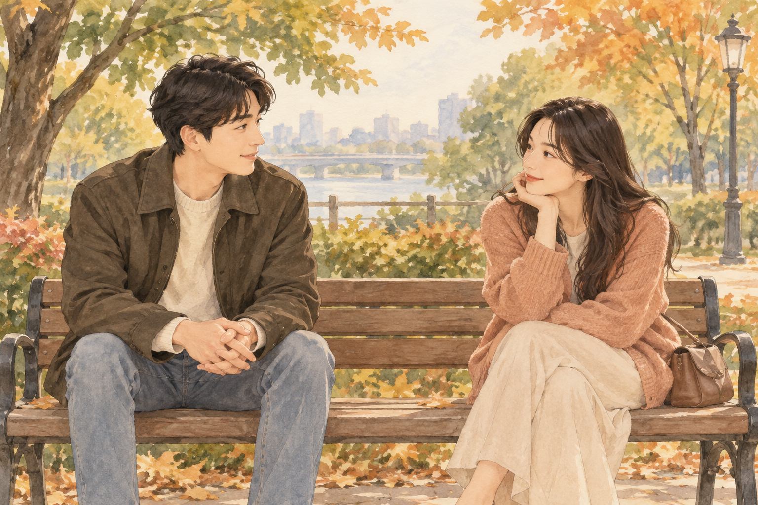 공원 벤치에서 서로를 존중하며 대화하는 두 사람의 수채화 삽화