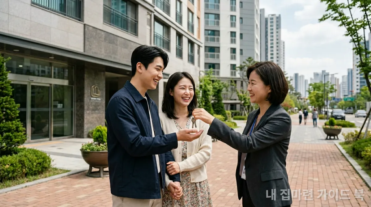 새 아파트 열쇠를 받고 기뻐하는 젊은 한국인 부부