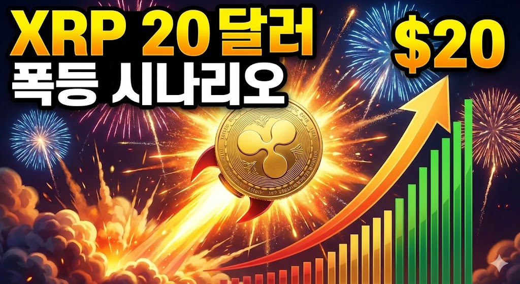 0달러 목표가를 향해 로켓처럼 폭등하는 리플 코인과 불꽃놀이 배경의 가상자산 썸네일.