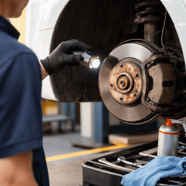 정비소에서 브레이크 디스크 점검하는 장면