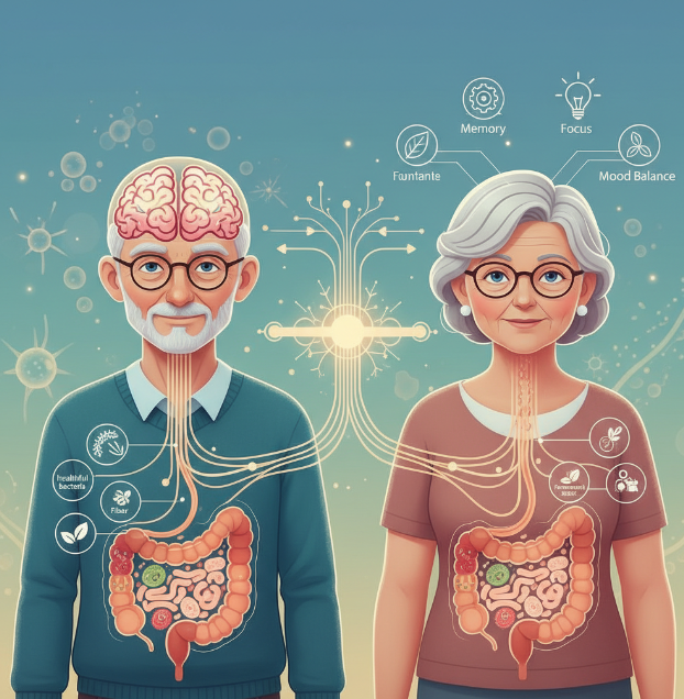 시니어 장 건강과 인지 기능의 상관관계를 설명하는 뇌-장축 가이드 이미지