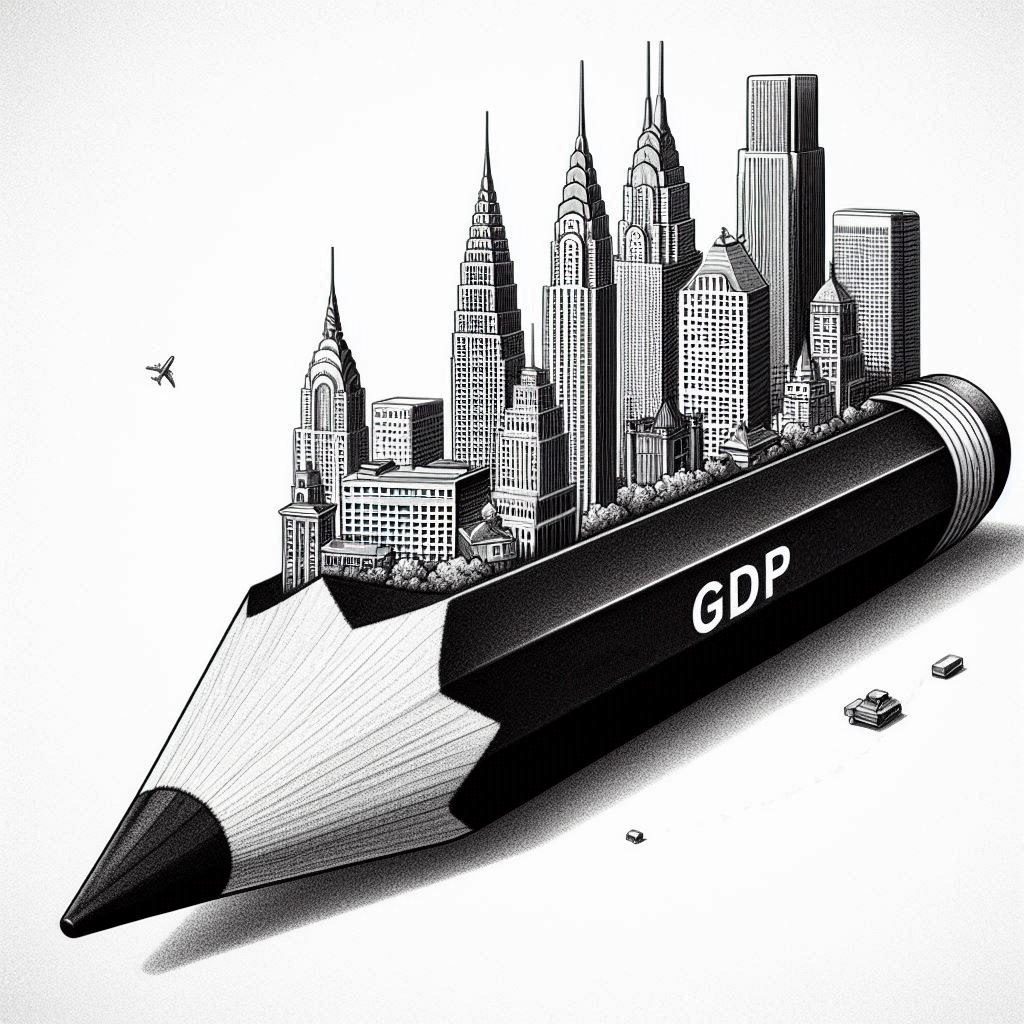 경제 성장과 GDP의 중요성을 상징하는 그림: 커다란 연필 위에 다양한 형태의 빌딩이 세워진 연필 스케치 스타일의 흑백 이미지