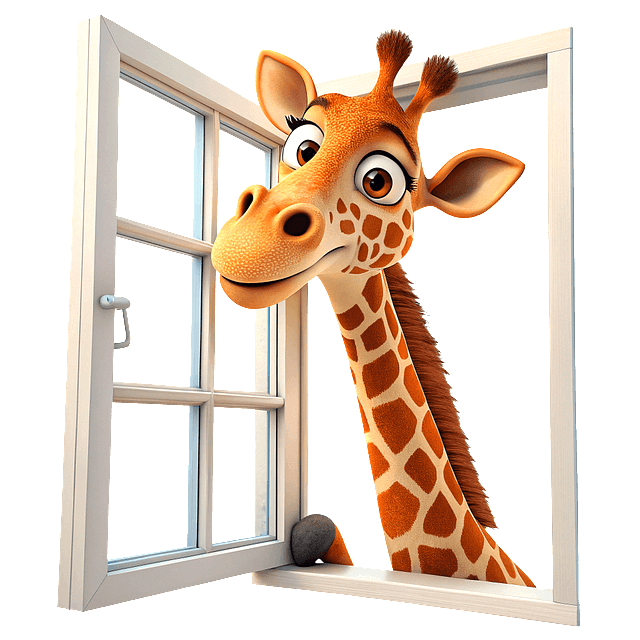 목이 긴 갈색 점박이 기린이 하얀 창문을 열고 머리를 안으로 들이민 채 웃고 있다. 친절한 기린의 얼굴이다.