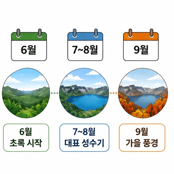 6월의 초록 풍경과 7~8월 여름 천지, 9월 가을 단풍을 달력과 함께 비교한 그림