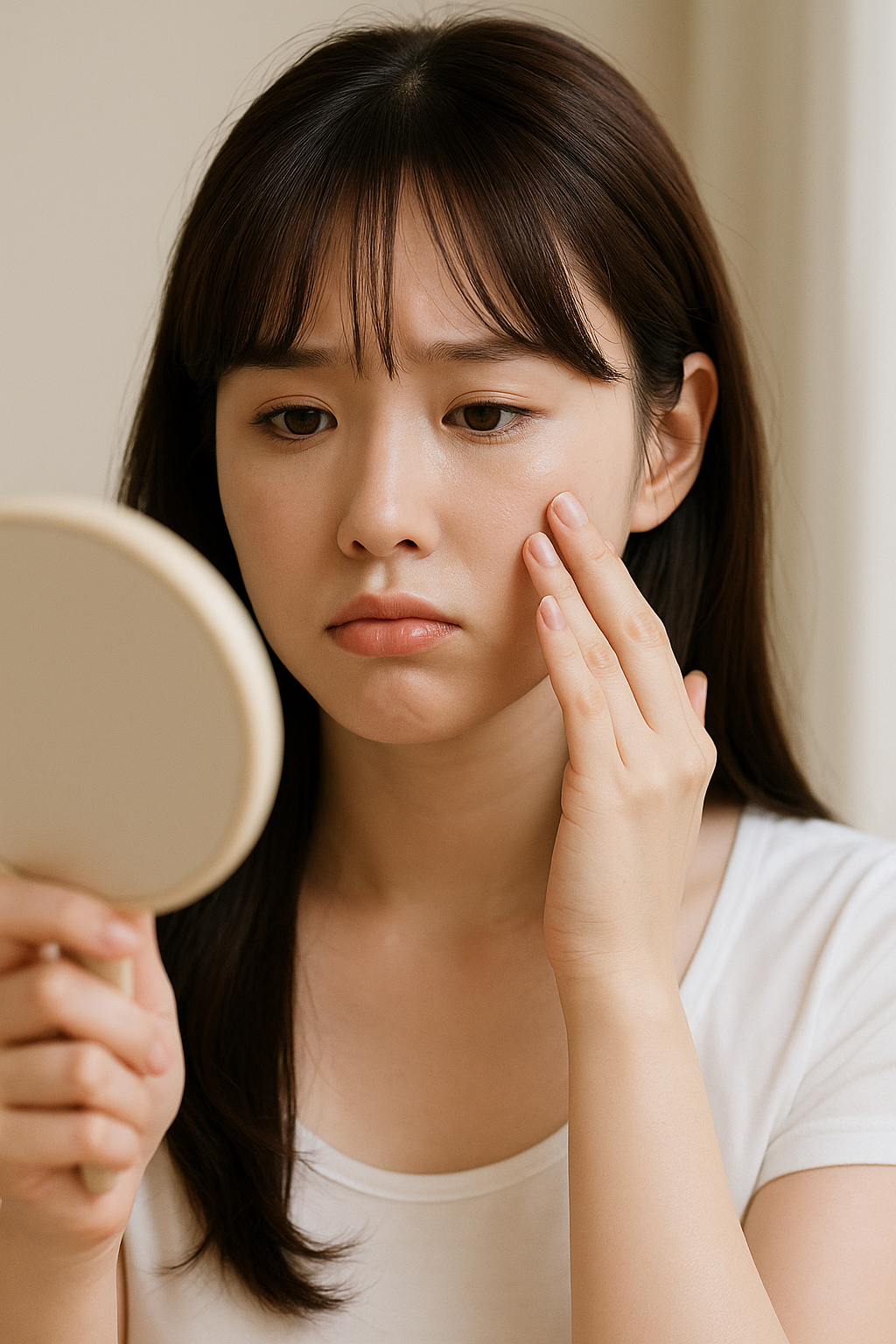 메이크업이 떠서 속상한 여자