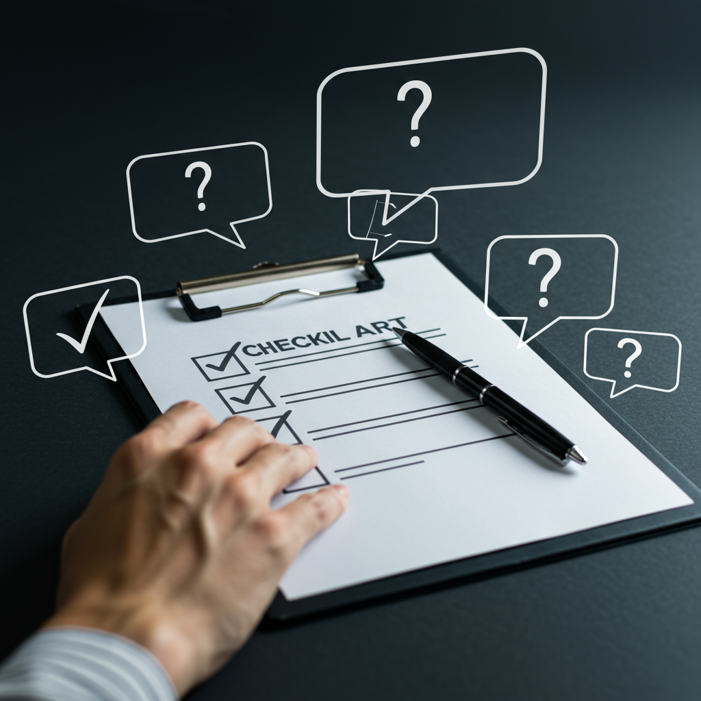 체크리스트와 질문 및 확인 표시가 있는 생각 풍선