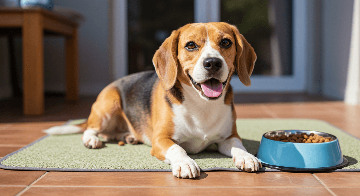 사료를 먹으며 편히 쉬고 있는 반려견 비글