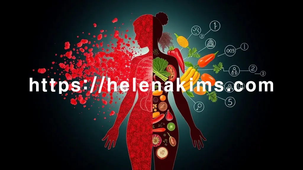 중앙에 인체 실루엣. 한쪽은 붉고 거친 입자들이 뒤덮고 (만성 염증), 다른 한쪽은 신선한 채소, 오메가3 아이콘, 편안한 명상 자세가 빛처럼 감싸고 있다.