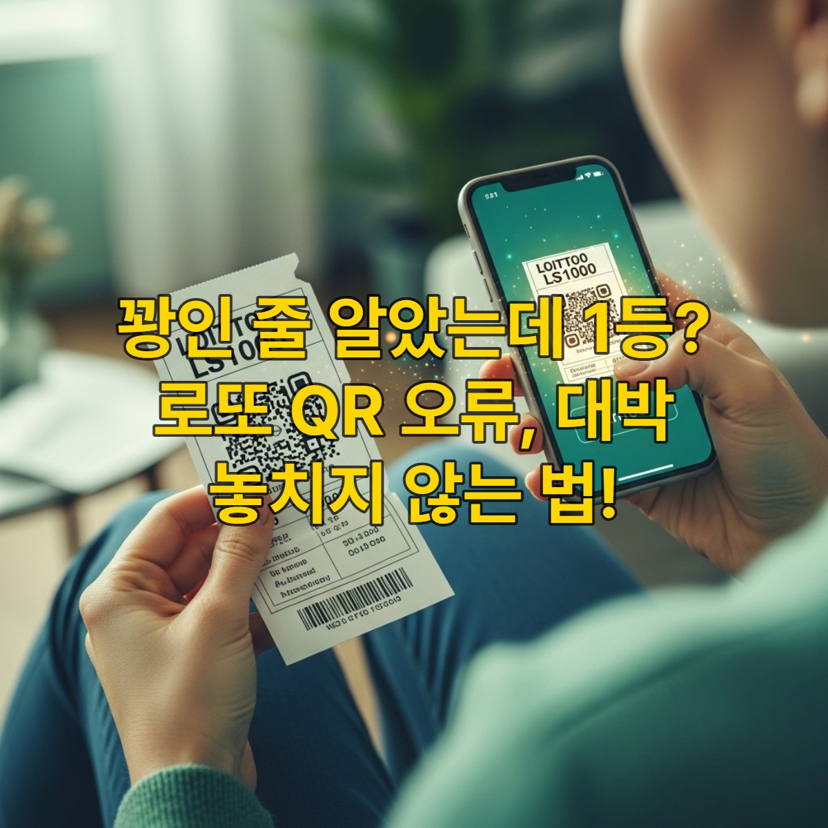 찢어지거나 구겨진 로또 용지의 QR코드를 스마트폰으로 스캔하려다 오류가 발생하여 걱정하는 사람의 모습. 희망적인 빛이 QR코드 주변을 감싸고 있음.