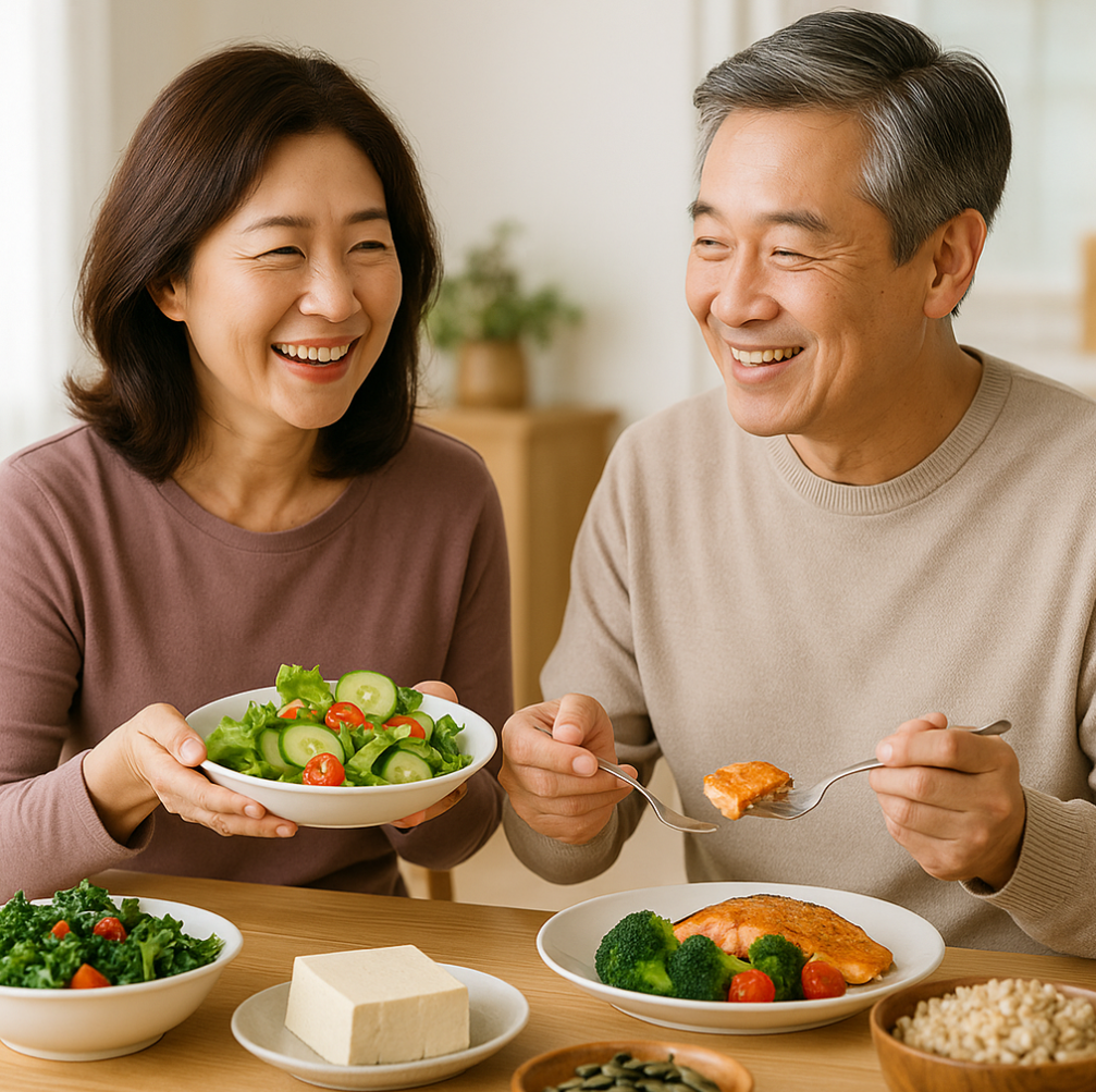 갱년기 돕는 음식을 먹고 있는 중년부부 사진