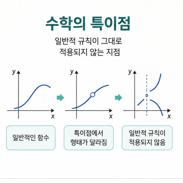 함수 그래프에서 일반적인 성질이 달라지는 지점을 보여주며 수학에서 사용하는 특이점 의미를 설명한 이미지