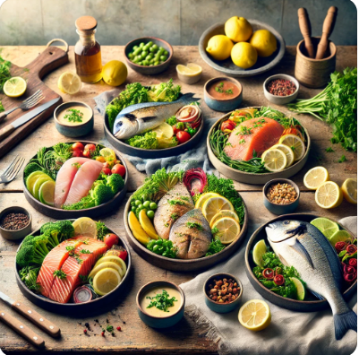 다섯 가지 인기 제철 생선 간편식이 나무 테이블 위에 아름답게 진열되어 있으며, 신선한 레몬 조각과 허브, 소스 등으로 꾸며져 건강하고 맛있어 보이는 요리입니다.
