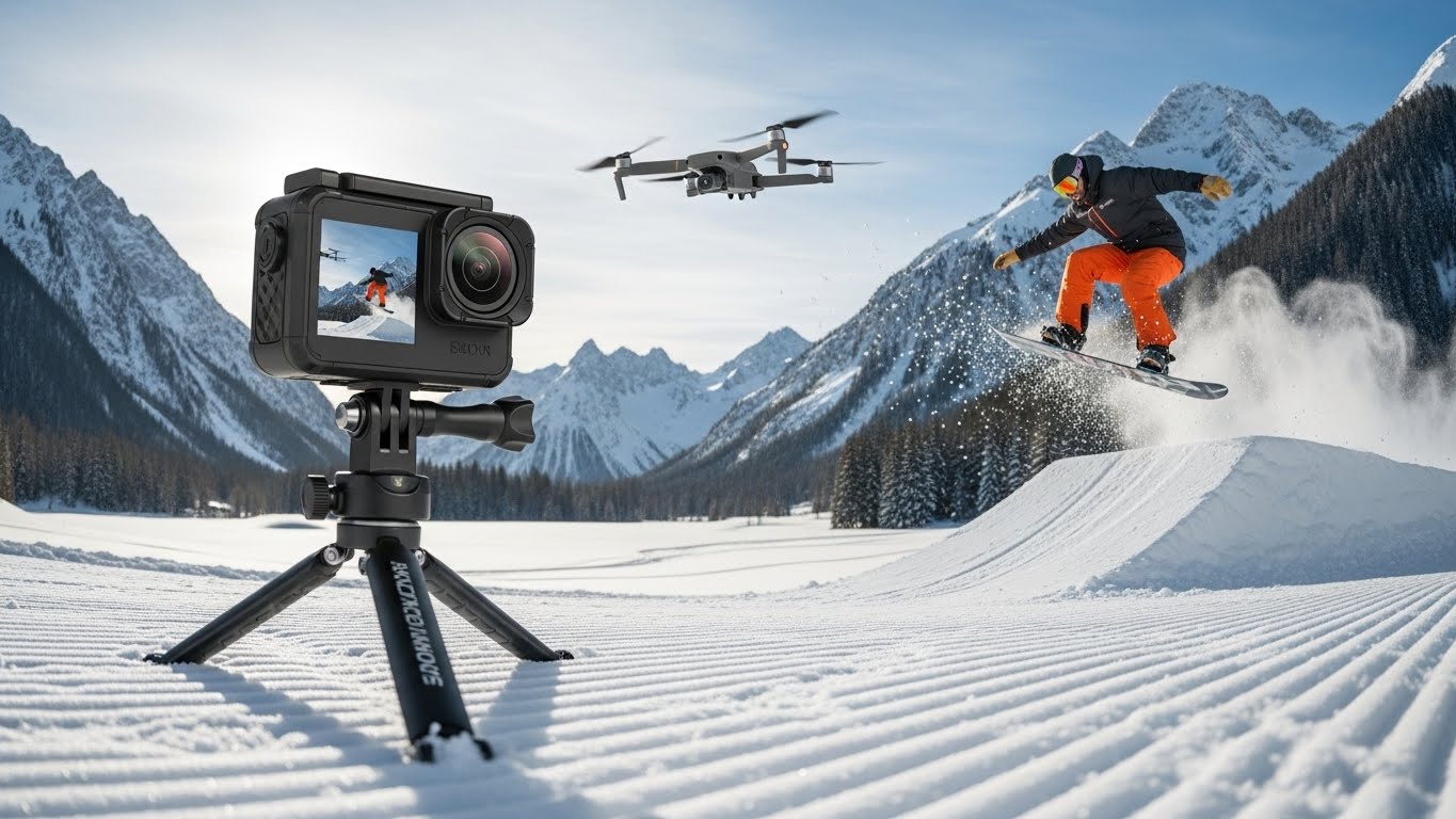 설원 스포츠를 촬영하는 액션캠과 드론