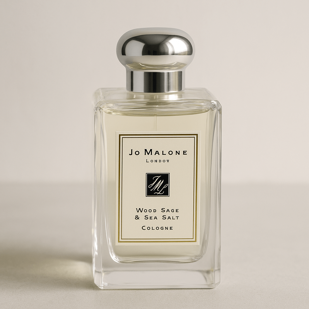 조말론 우드 세이지 앤 씨솔트 향수병 이미지. 바닷바람의 청량함과 세이지 허브의 포근함이 어우러진 조말론 베스트셀러 향수, 남녀 모두에게 잘 어울리는 중성적인 데일리 향