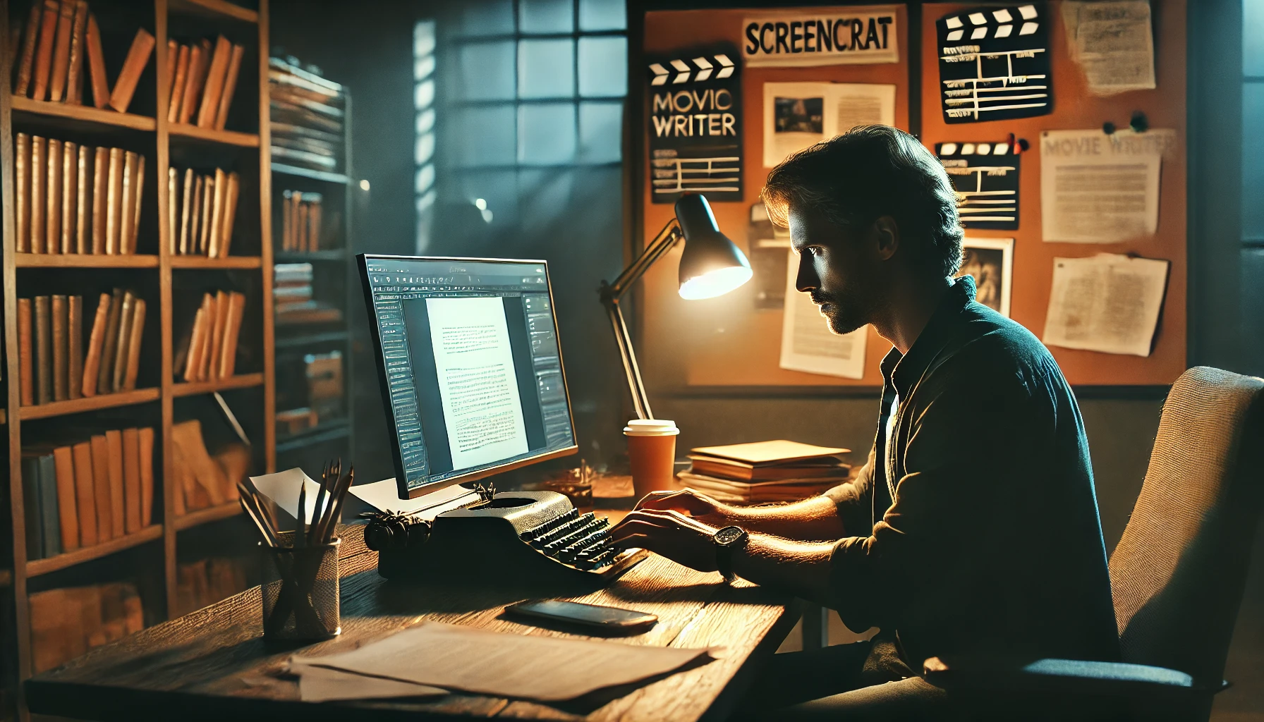 영화 작가가 영화 스토리를 쓰고 있는 사진