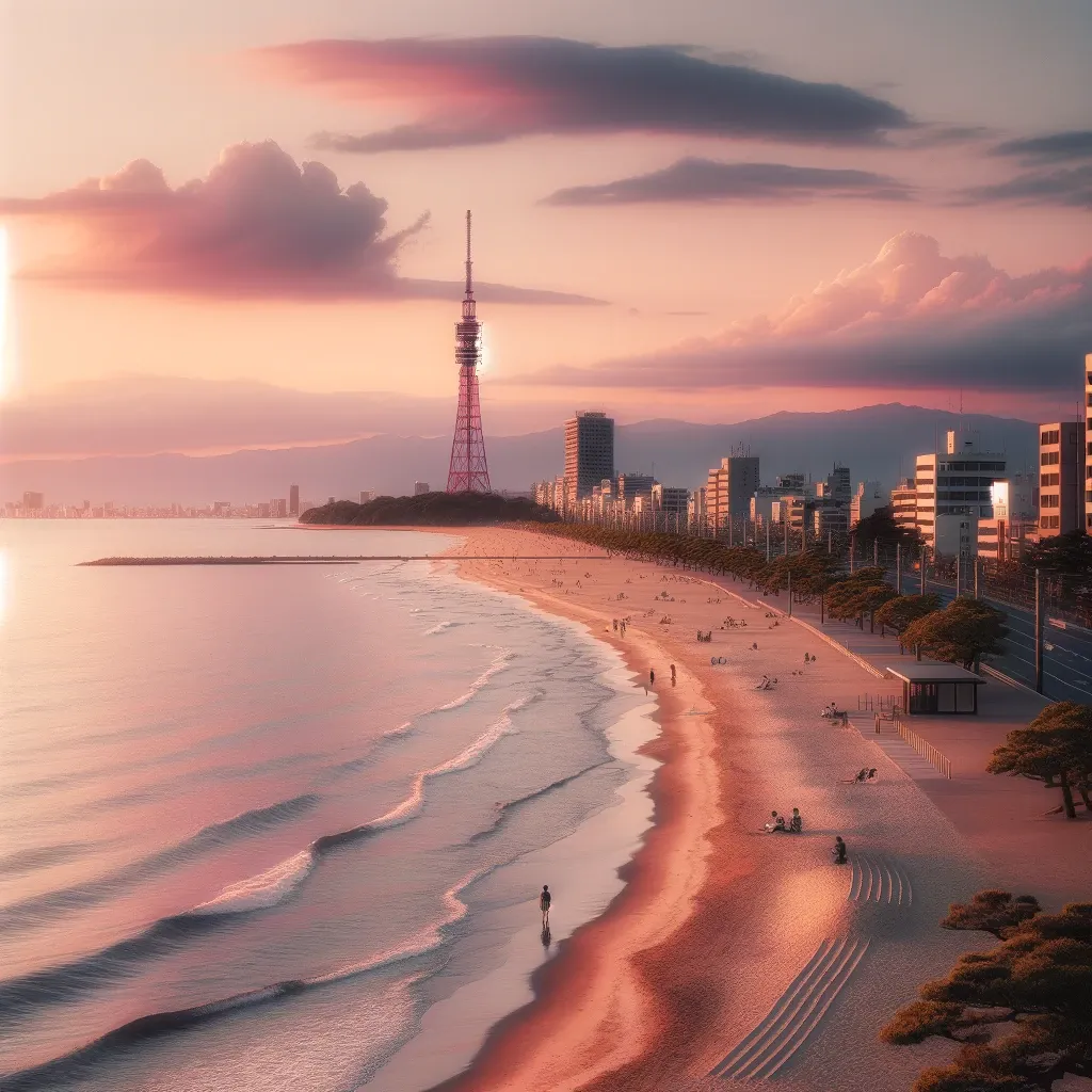 석양이 지는 후쿠오카 모모치 해변과 후쿠오카 타워