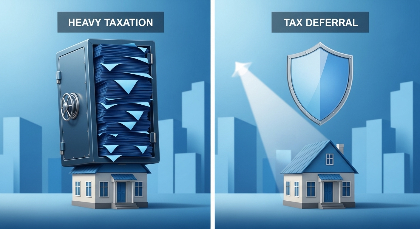 무거운 세금과 유예 조치로 인해 부담이 줄어든 주택을 시각적으로 표현한 이미지