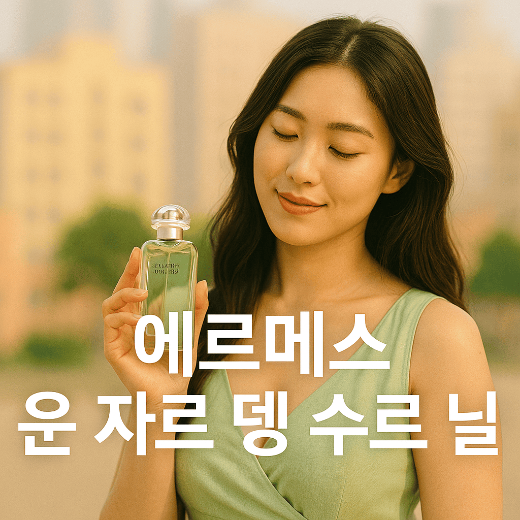 밝은-도심-배경에서-C컵-이상의-가슴을-가진-예쁜-한국인-젊은-여성이-파스텔-그린-드레스를-입고-에르메스-운-자르-뎅-수르-닐-향수를-들고-눈을-감은-채-잔잔한-미소를-짓고-있는-모습-중앙에-에르메스-운-자르-뎅-수르-닐이라는-굵은-흰색-한글-텍스트-배치