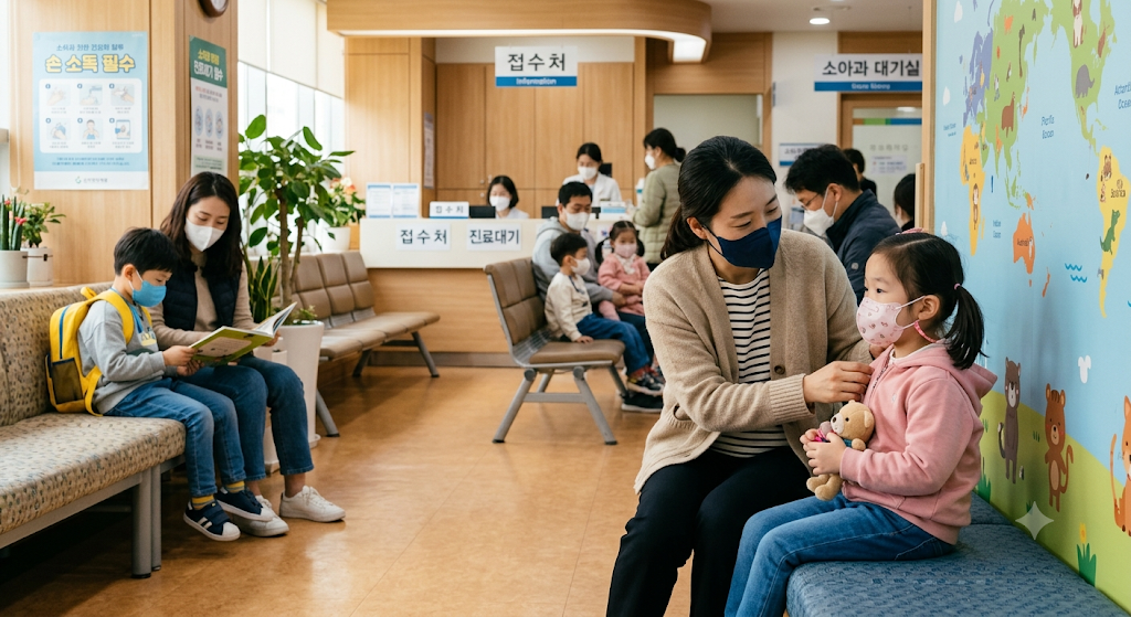 병원 대기실이나 학교에서 마스크를 착용한 어린이와 보호자의 모습