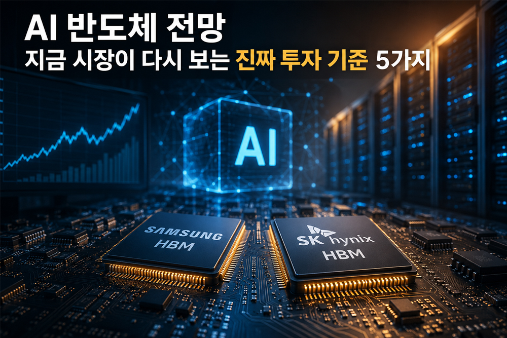 AI 반도체 전망과 투자 기준을 상징하는 데이터센터 배경의 반도체 칩 이미지. 삼성전자와 SK하이닉스 HBM 칩, AI 그래픽 요소, 상승 차트가 함께 표현된 AI 반도체 투자 대표 썸네일.