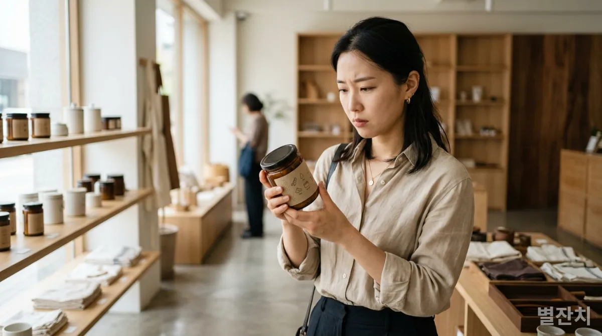 미니멀한 상점에서 제품의 본질을 꼼꼼히 살피는 현명한 한국인 소비자