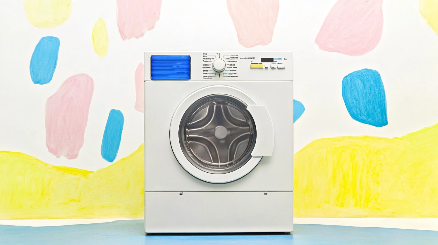 위생과 미적 매력을 동시에 지니는 세탁기가 경치 좋은 실내 배경에서 대형 이중 안전 필터에 초점을 두어 부드러운 조명과 다채로운 파스텔 인테리어 속에 자리 잡고 있는 모습