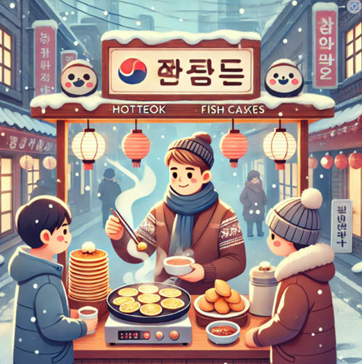 겨울에 호떡과 어묵을 판매하는 전통 한국식 길거리 음식 판매점
