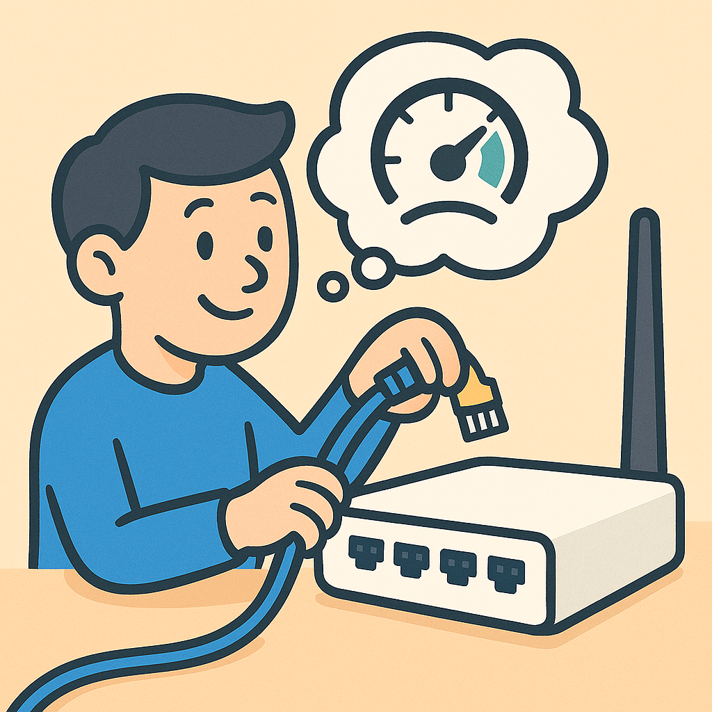 인터넷 속도 문제 해결을 위해 남자가 공유기에 랜 케이블을 연결하는 모습의 삽화. Illustration of a man plugging an ethernet cable into a Wi-Fi router to troubleshoot slow internet speed.