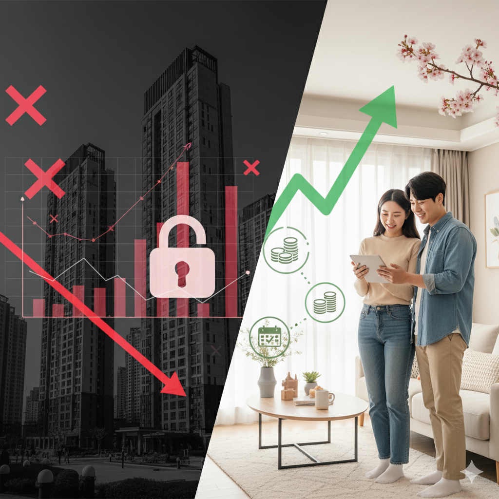 이 이미지는 2025년 주택 금융 제도의 두 가지 상반된 흐름을 시각적으로 대비시켜 보여줍니다.
왼쪽 절반은 어두운 배경에 고층 아파트 단지가 보이며, 빨간색 아래 화살표와 붉은색 막대 그래프가 하락세를 나타냅니다. 그 위에는 빨간색 'X' 표시와 잠금 아이콘이 있어 고가 주택 대출 규제와 전반적인 대출 문턱 강화를 상징합니다.
오른쪽 절반은 밝고 따뜻한 분위기의 현대적인 거실에서 젊은 신혼부부가 태블릿을 보며 미소 짓고 있습니다. 그들 위에는 초록색 위 화살표, 동전 스택, 달력 아이콘이 떠 있어 신혼부부에게 강화된 주택 대출 혜택과 지원을 나타냅니다.
전반적으로 고가 주택 시장의 침체 및 규제 강화와 대비되는 신혼부부 주택 금융 지원 확대를 명확하게 표현합니다.